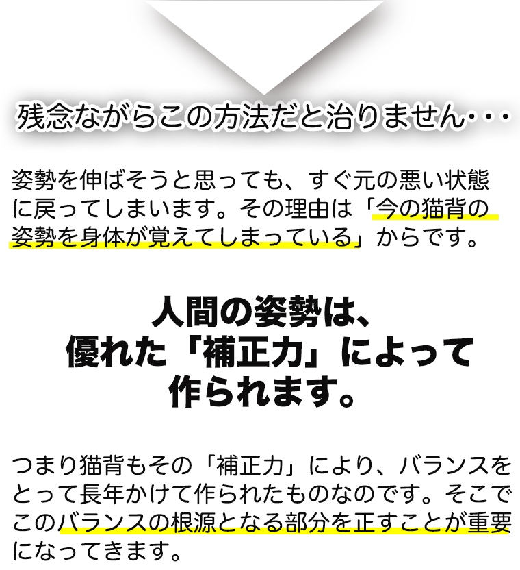 姿勢を伸ばそうと思っても、すぐ元の悪い状態に戻ってしまいます。今の猫背の姿勢を身体が覚えてしまっているからです